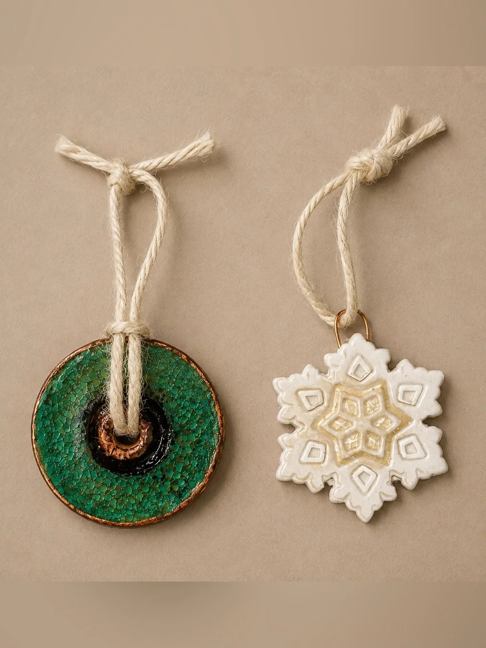 Handcrafted Green Circle and White Snowflake Holiday Ornaments